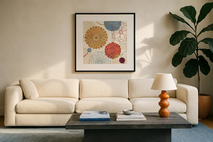 Abstract Bouquet II by Veronique Charron. Displayed in a glass frame with matte in a clean modern living room. Available as an archival giclee rolled canvas, fine art paper, or poster print. SKU 6024a.