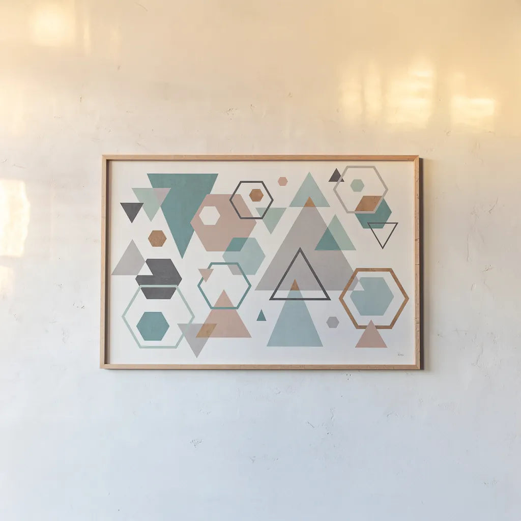 Abstract Geo I by Veronique Charron. shown as a paper print in a natural frame. Available as a archival giclee rolled canvas, fine art paper, or poster print. SKU 34843i.