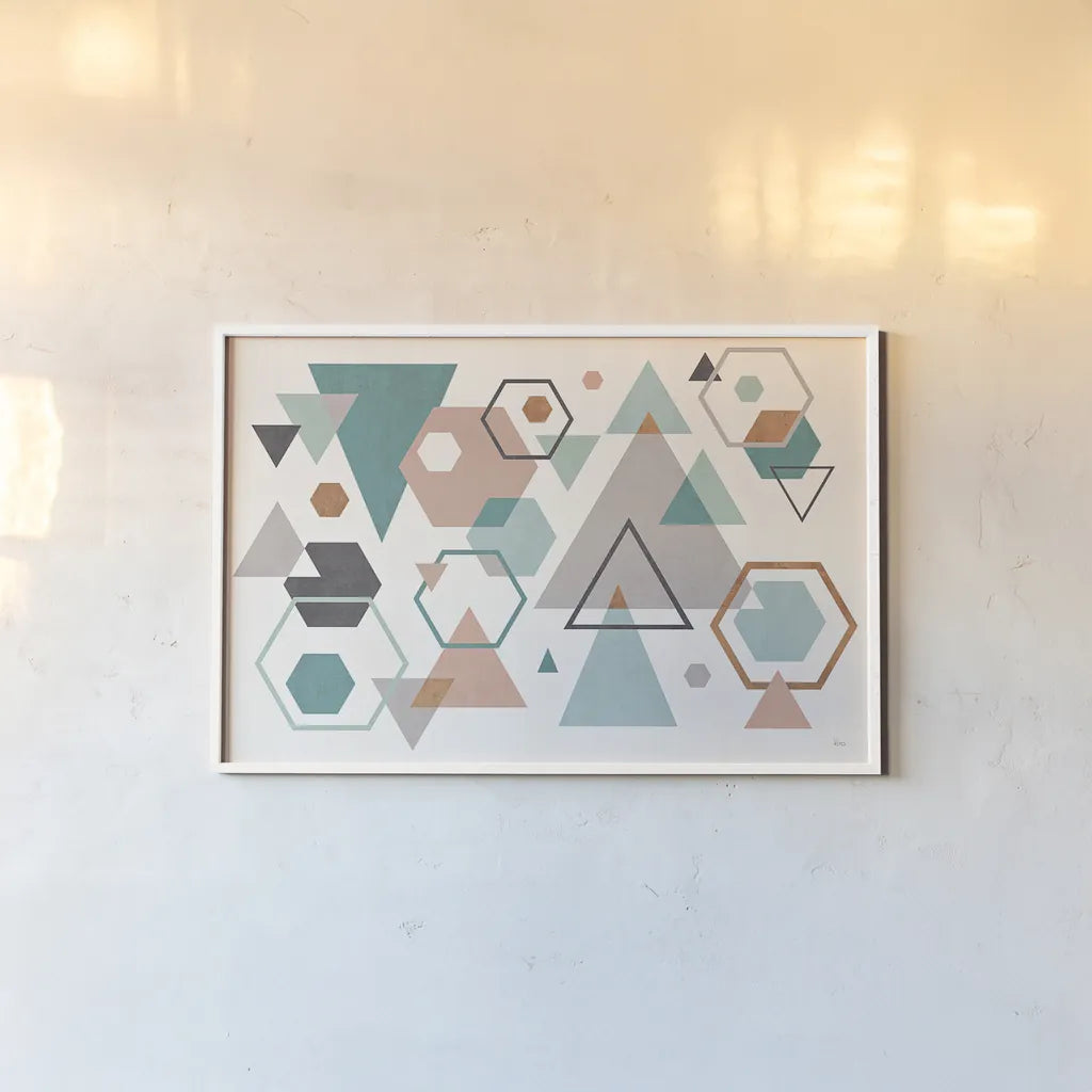 Abstract Geo I by Veronique Charron. shown as a paper print in a white frame. Available as a archival giclee rolled canvas, fine art paper, or poster print. SKU 34843i.