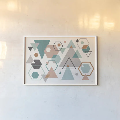 Abstract Geo I by Veronique Charron. shown as a paper print in a white frame. Available as a archival giclee rolled canvas, fine art paper, or poster print. SKU 34843i.