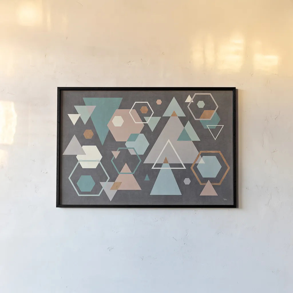 Abstract Geo I Black by Veronique Charron. shown as a paper print in a black flame. Available as a archival giclee rolled canvas, fine art paper, or poster print. SKU 34846i.