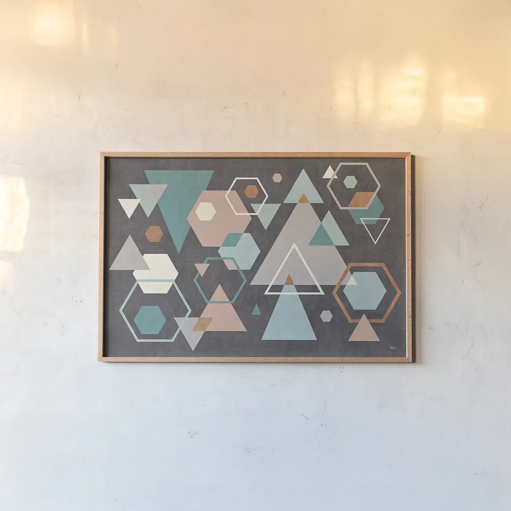 Abstract Geo I Black by Veronique Charron. shown as a paper print in a natural frame. Available as a archival giclee rolled canvas, fine art paper, or poster print. SKU 34846i.