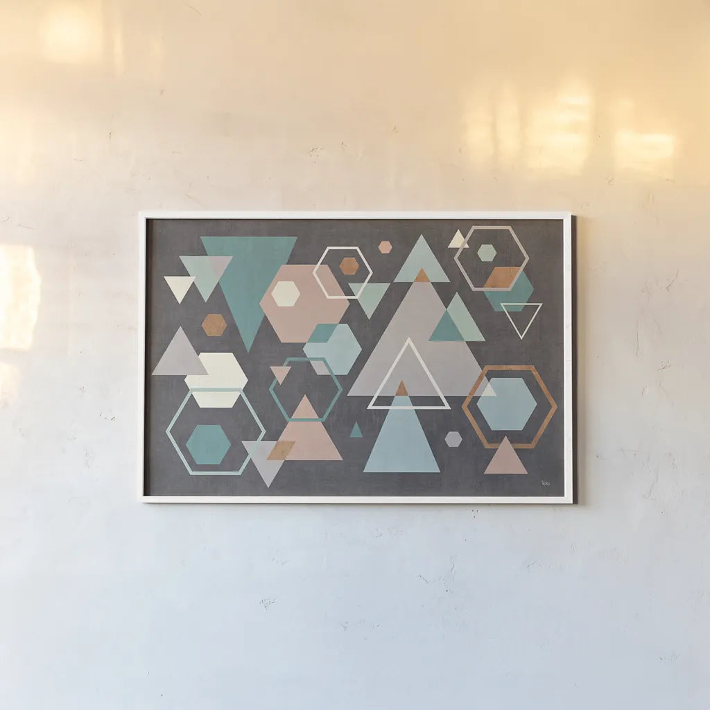 Abstract Geo I Black by Veronique Charron. shown as a paper print in a white frame. Available as a archival giclee rolled canvas, fine art paper, or poster print. SKU 34846i.