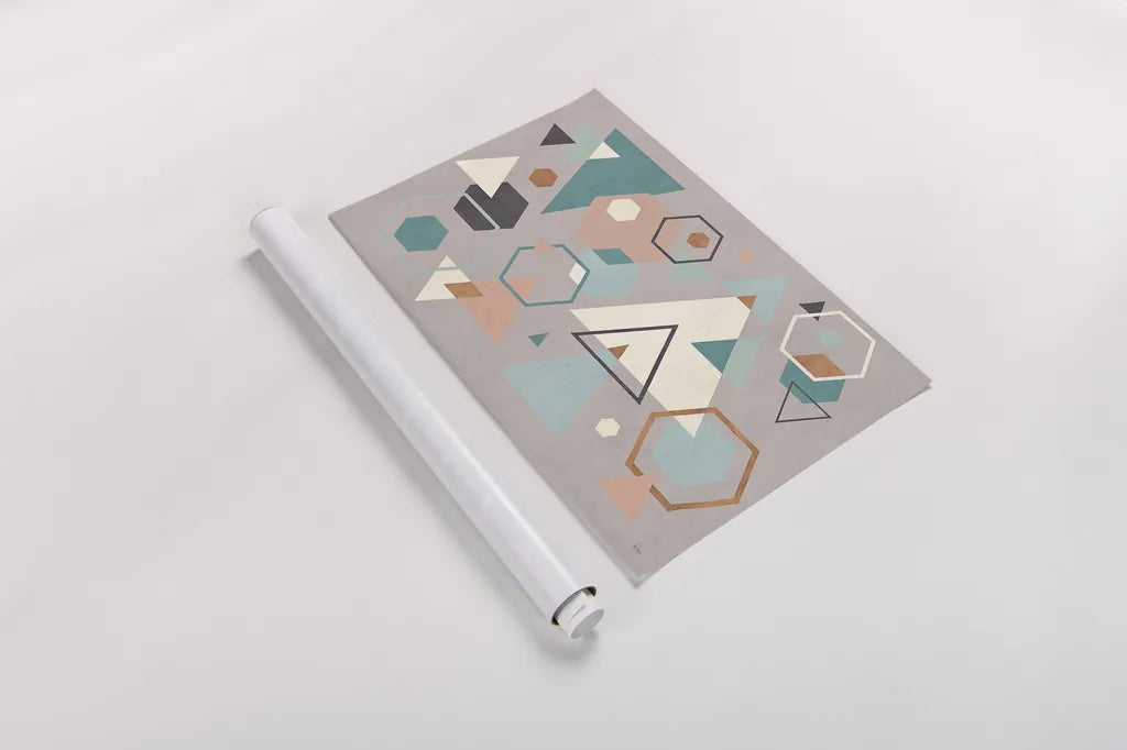 Abstract Geo I Gray by Veronique Charron. shown as a rolled paper print. Available as archival giclee rolled canvas, fine art paper, or poster print. SKU 34849i.