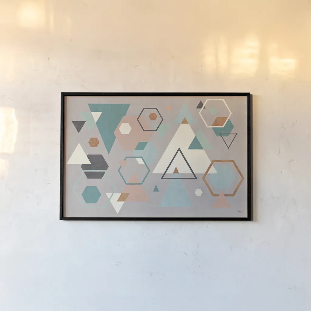 Abstract Geo I Gray by Veronique Charron. shown as a paper print in a black flame. Available as a archival giclee rolled canvas, fine art paper, or poster print. SKU 34849i.