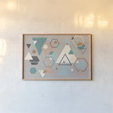 Abstract Geo I Gray by Veronique Charron. shown as a paper print in a natural frame. Available as a archival giclee rolled canvas, fine art paper, or poster print. SKU 34849i.