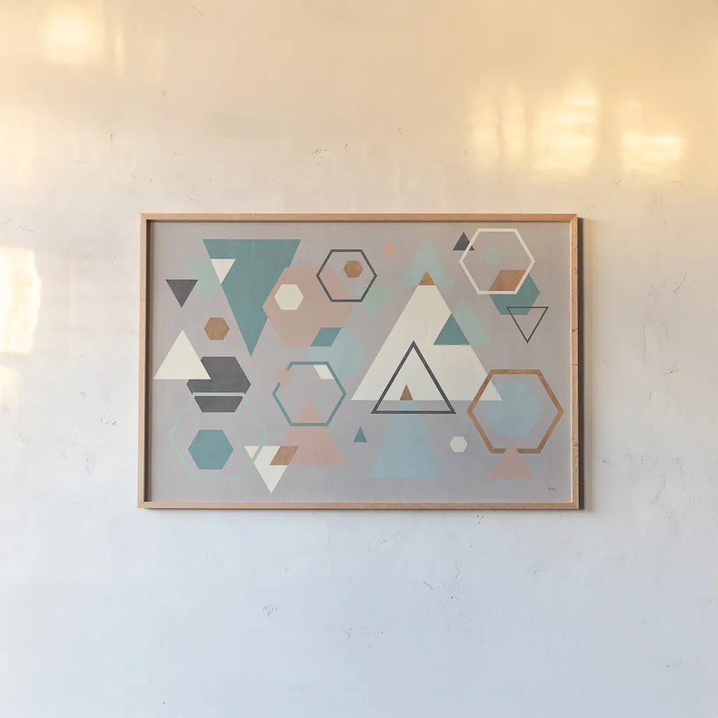 Abstract Geo I Gray by Veronique Charron. shown as a paper print in a natural frame. Available as a archival giclee rolled canvas, fine art paper, or poster print. SKU 34849i.