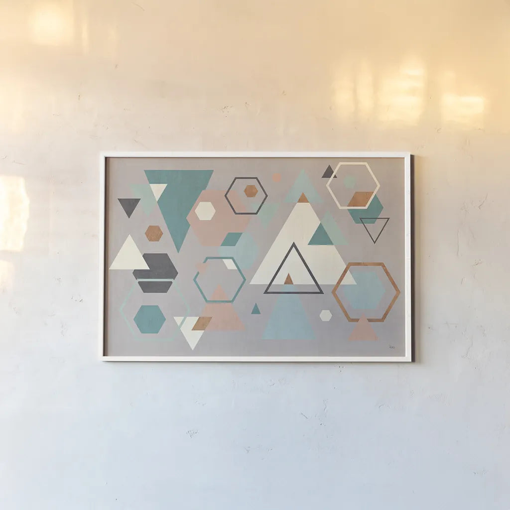 Abstract Geo I Gray by Veronique Charron. shown as a paper print in a white frame. Available as a archival giclee rolled canvas, fine art paper, or poster print. SKU 34849i.