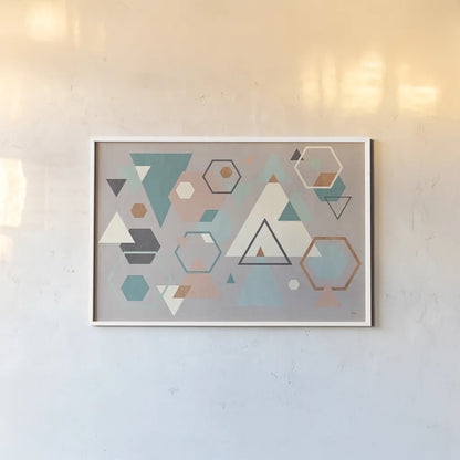 Abstract Geo I Gray by Veronique Charron. shown as a paper print in a white frame. Available as a archival giclee rolled canvas, fine art paper, or poster print. SKU 34849i.