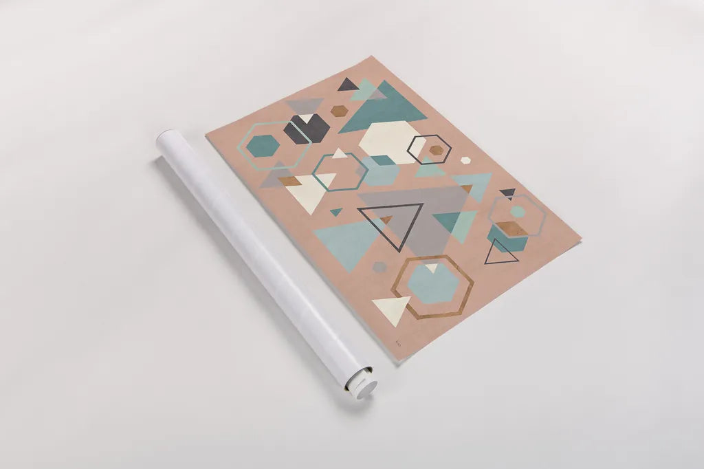 Abstract Geo I Pink by Veronique Charron. shown as a rolled paper print. Available as archival giclee rolled canvas, fine art paper, or poster print. SKU 34852i.