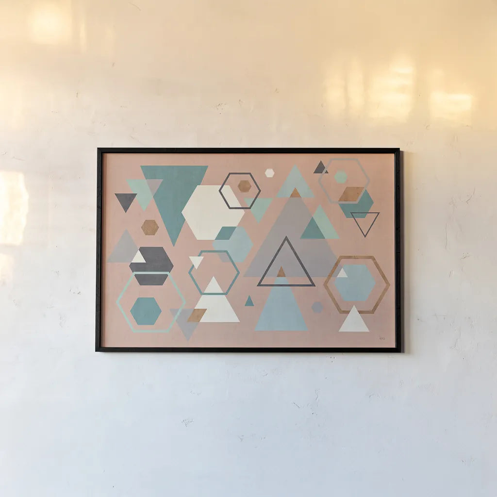 Abstract Geo I Pink by Veronique Charron. shown as a paper print in a black flame. Available as a archival giclee rolled canvas, fine art paper, or poster print. SKU 34852i.