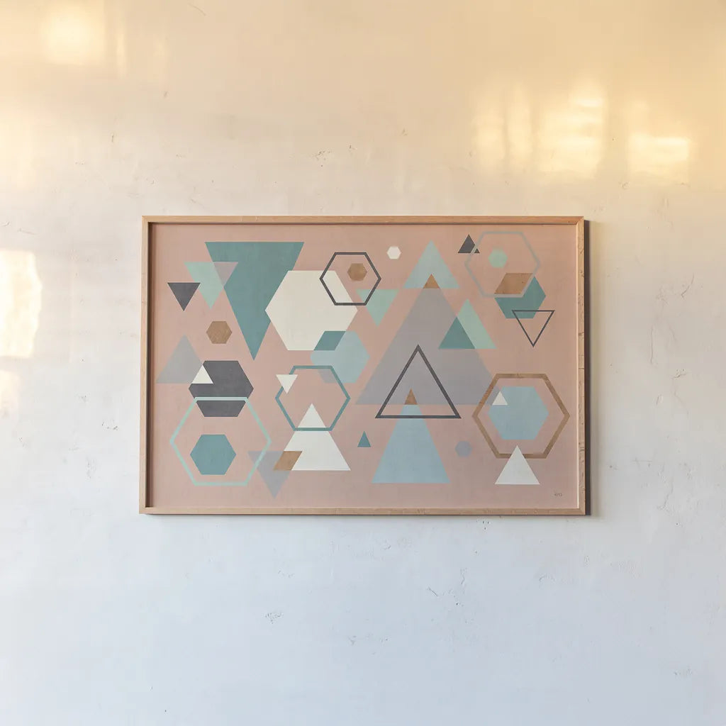 Abstract Geo I Pink by Veronique Charron. shown as a paper print in a natural frame. Available as a archival giclee rolled canvas, fine art paper, or poster print. SKU 34852i.