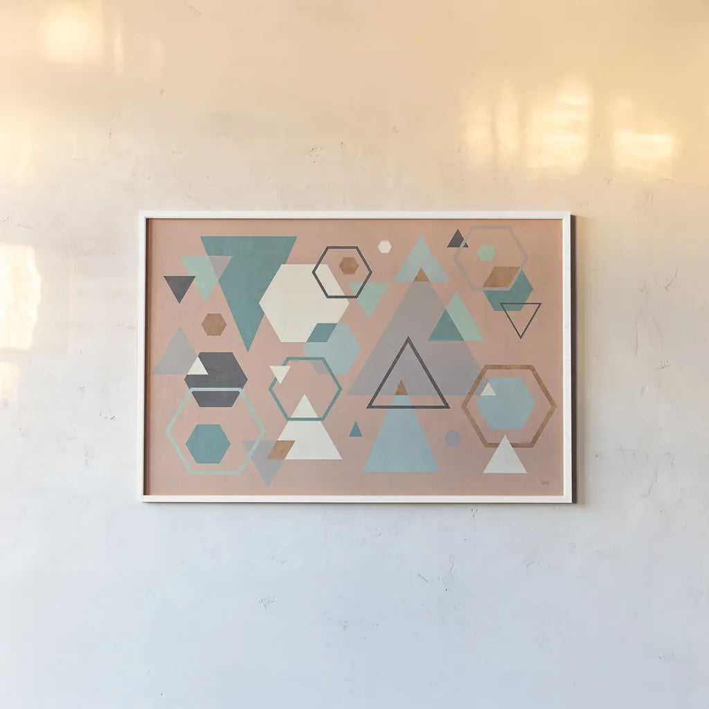 Abstract Geo I Pink by Veronique Charron. shown as a paper print in a white frame. Available as a archival giclee rolled canvas, fine art paper, or poster print. SKU 34852i.