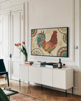 At the Barn I by Veronique Charron. shown as a framed stretched canvas in a living room above a console. Available as a archival giclee rolled canvas, fine art paper, or poster print. SKU 24721i.