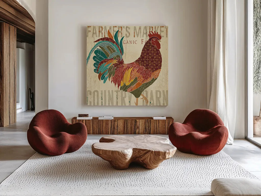At the Barn II by Veronique Charron. Shown as extra-large giant wall art in a modern living room. Available as an archival giclee rolled canvas, fine art paper, or poster print. SKU 24722a.