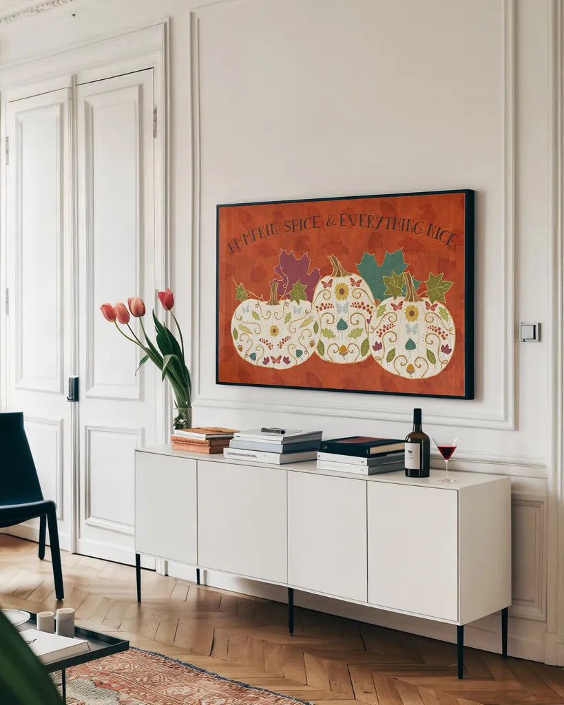 Autumn Otomi I by Veronique Charron. shown as a framed stretched canvas in a living room above a console. Available as a archival giclee rolled canvas, fine art paper, or poster print. SKU 47644i.