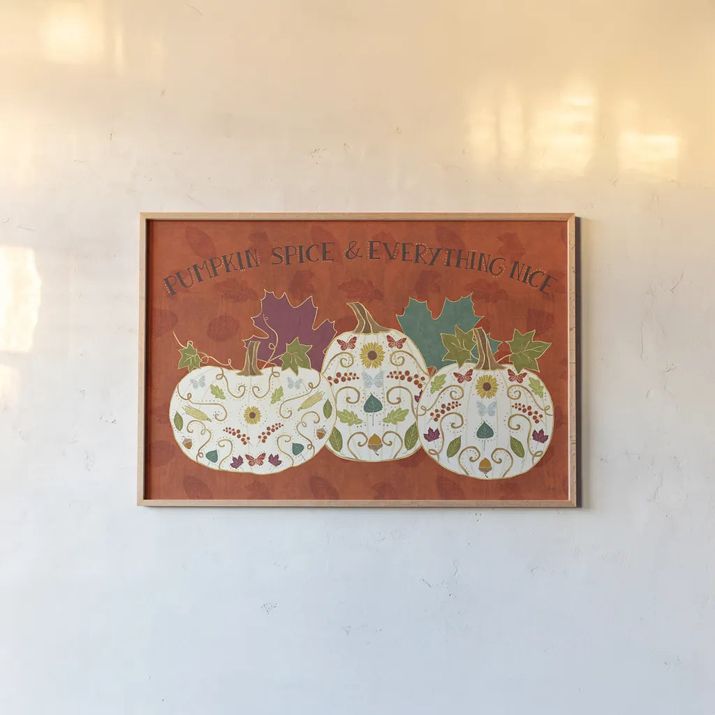 Autumn Otomi I by Veronique Charron. shown as a paper print in a natural frame. Available as a archival giclee rolled canvas, fine art paper, or poster print. SKU 47644i.