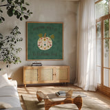 Autumn Otomi II by Veronique Charron. Shown in a natural wood frame in a cozy modern living room. Available as an archival giclee rolled canvas, fine art paper, or poster print. SKU 47645a.