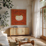 Autumn Otomi III by Veronique Charron. Shown in a natural wood frame in a cozy modern living room. Available as an archival giclee rolled canvas, fine art paper, or poster print. SKU 47646a.