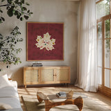 Autumn Otomi IV by Veronique Charron. Shown in a natural wood frame in a cozy modern living room. Available as an archival giclee rolled canvas, fine art paper, or poster print. SKU 47647a.