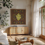 Autumn Otomi IX by Veronique Charron. Shown in a natural wood frame in a cozy modern living room. Available as an archival giclee rolled canvas, fine art paper, or poster print. SKU 47652a.