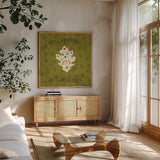 Autumn Otomi V by Veronique Charron. Shown in a natural wood frame in a cozy modern living room. Available as an archival giclee rolled canvas, fine art paper, or poster print. SKU 47648a.