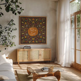Autumn Otomi VI by Veronique Charron. Shown in a natural wood frame in a cozy modern living room. Available as an archival giclee rolled canvas, fine art paper, or poster print. SKU 47649a.
