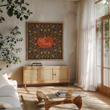 Autumn Otomi VII by Veronique Charron. Shown in a natural wood frame in a cozy modern living room. Available as an archival giclee rolled canvas, fine art paper, or poster print. SKU 47650a.