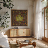Autumn Otomi VIII by Veronique Charron. Shown in a natural wood frame in a cozy modern living room. Available as an archival giclee rolled canvas, fine art paper, or poster print. SKU 47651a.