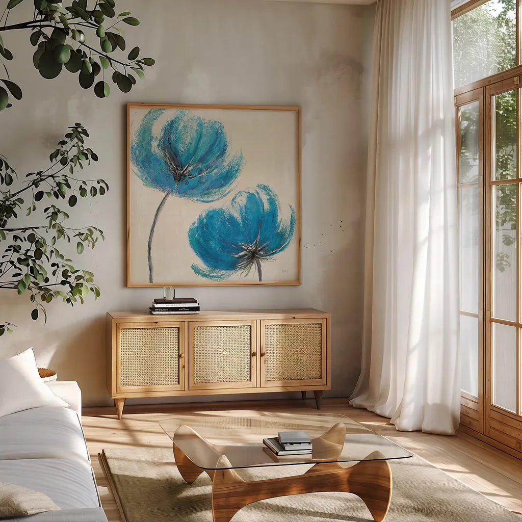 Azure III by Veronique Charron. Shown in a natural wood frame in a cozy modern living room. Available as an archival giclee rolled canvas, fine art paper, or poster print. SKU 10527a.