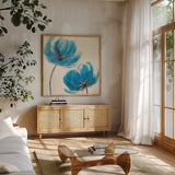 Azure III by Veronique Charron. Shown in a natural wood frame in a cozy modern living room. Available as an archival giclee rolled canvas, fine art paper, or poster print. SKU 10527a.