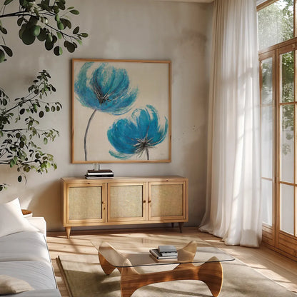 Azure III by Veronique Charron. Shown in a natural wood frame in a cozy modern living room. Available as an archival giclee rolled canvas, fine art paper, or poster print. SKU 10527a.