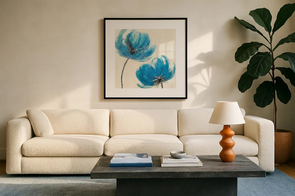 Azure III by Veronique Charron. Displayed in a glass frame with matte in a clean modern living room. Available as an archival giclee rolled canvas, fine art paper, or poster print. SKU 10527a.