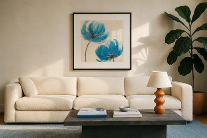 Azure III by Veronique Charron. Displayed in a glass frame with matte in a clean modern living room. Available as an archival giclee rolled canvas, fine art paper, or poster print. SKU 10527a.