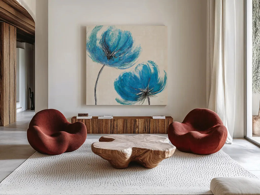 Azure III by Veronique Charron. Shown as extra-large giant wall art in a modern living room. Available as an archival giclee rolled canvas, fine art paper, or poster print. SKU 10527a.