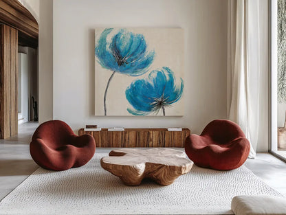 Azure III by Veronique Charron. Shown as extra-large giant wall art in a modern living room. Available as an archival giclee rolled canvas, fine art paper, or poster print. SKU 10527a.