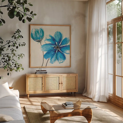 Azure IV by Veronique Charron. Shown in a natural wood frame in a cozy modern living room. Available as an archival giclee rolled canvas, fine art paper, or poster print. SKU 10528a.