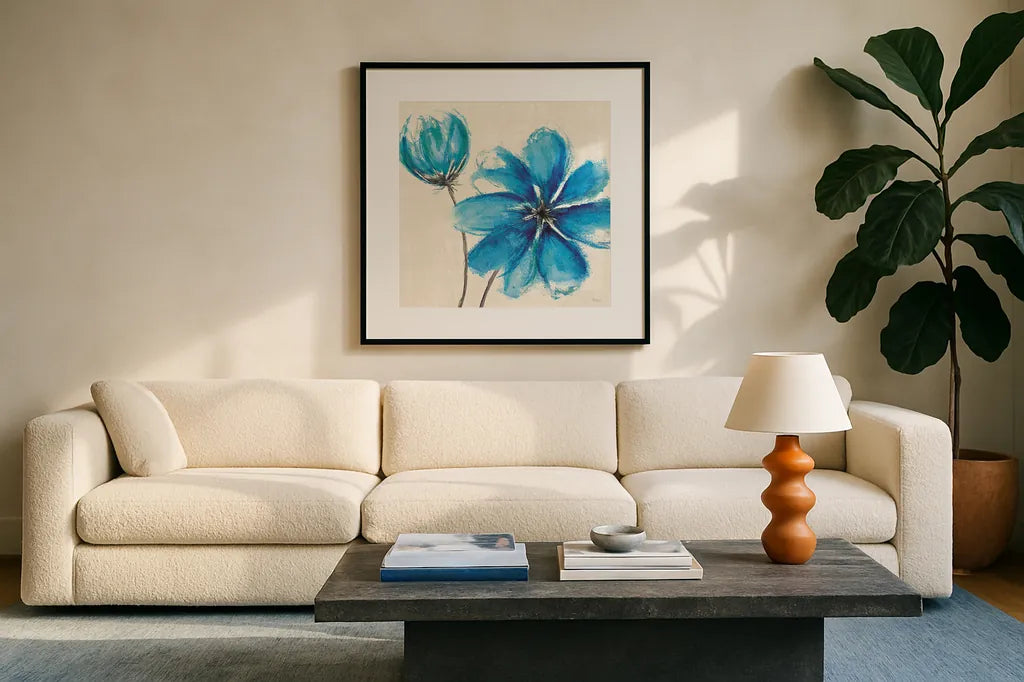Azure IV by Veronique Charron. Displayed in a glass frame with matte in a clean modern living room. Available as an archival giclee rolled canvas, fine art paper, or poster print. SKU 10528a.