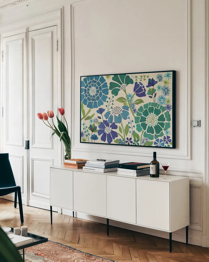 Blue Garden by Veronique Charron. shown as a framed stretched canvas in a living room above a console. Available as a archival giclee rolled canvas, fine art paper, or poster print. SKU 11846i.