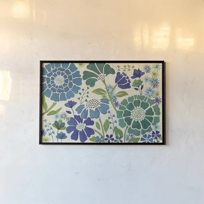 Blue Garden by Veronique Charron. shown as a paper print in a black flame. Available as a archival giclee rolled canvas, fine art paper, or poster print. SKU 11846i.