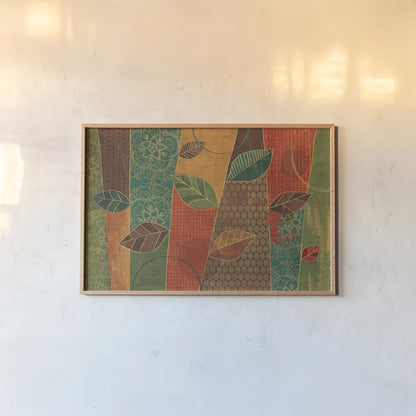 Bohemian Leaves I by Veronique Charron. shown as a paper print in a natural frame. Available as a archival giclee rolled canvas, fine art paper, or poster print. SKU 28891i.