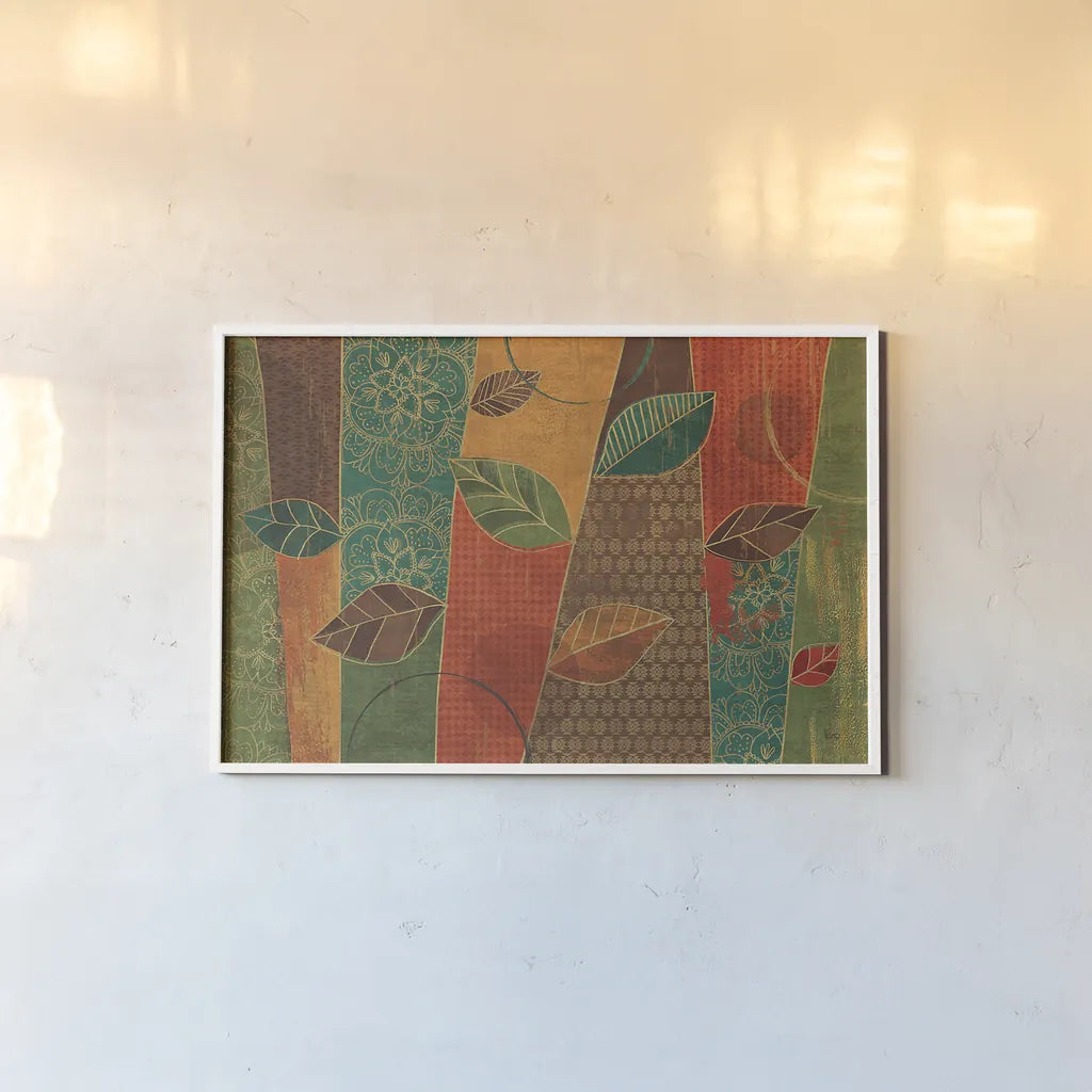 Bohemian Leaves I by Veronique Charron. shown as a paper print in a white frame. Available as a archival giclee rolled canvas, fine art paper, or poster print. SKU 28891i.