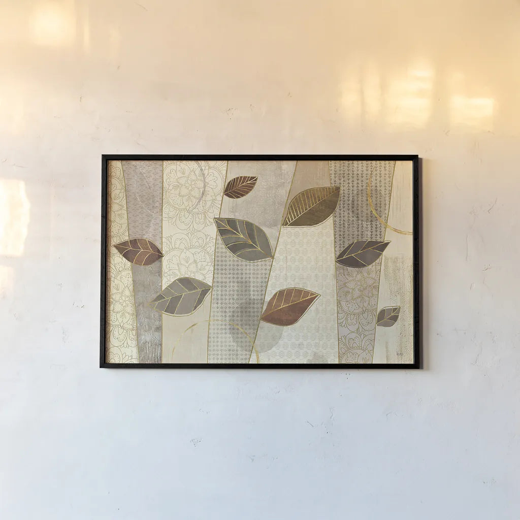 Bohemian Leaves I Neutral by Veronique Charron. shown as a paper print in a black flame. Available as a archival giclee rolled canvas, fine art paper, or poster print. SKU 28896i.
