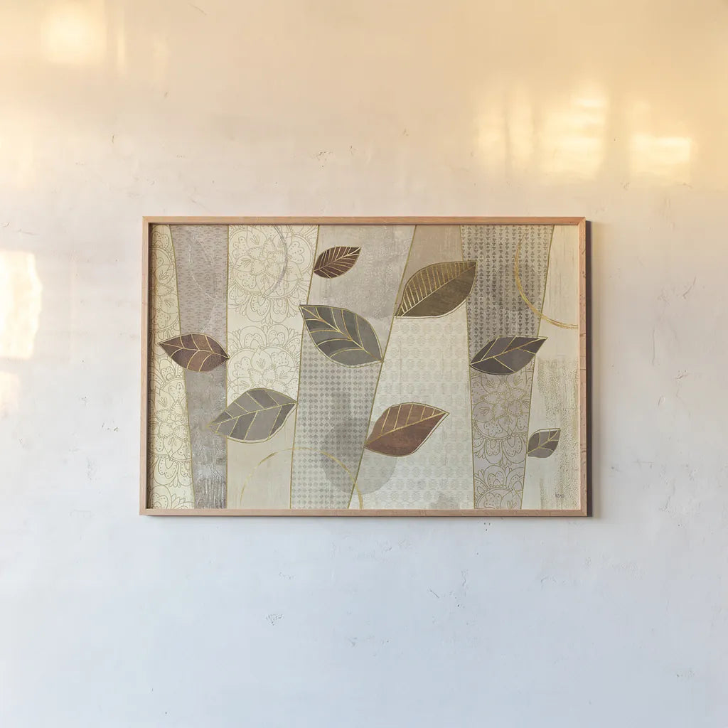 Bohemian Leaves I Neutral by Veronique Charron. shown as a paper print in a natural frame. Available as a archival giclee rolled canvas, fine art paper, or poster print. SKU 28896i.