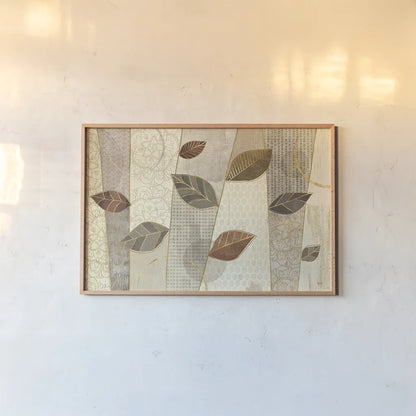 Bohemian Leaves I Neutral by Veronique Charron. shown as a paper print in a natural frame. Available as a archival giclee rolled canvas, fine art paper, or poster print. SKU 28896i.