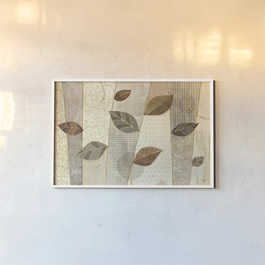 Bohemian Leaves I Neutral by Veronique Charron. shown as a paper print in a white frame. Available as a archival giclee rolled canvas, fine art paper, or poster print. SKU 28896i.