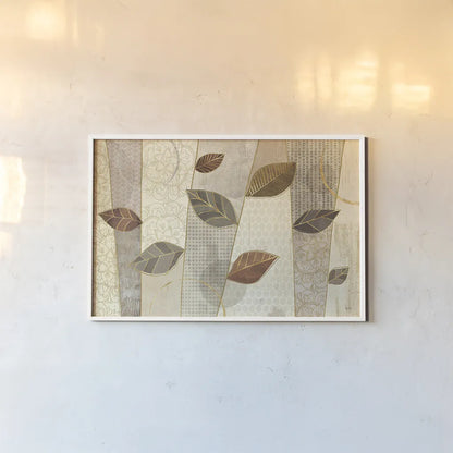 Bohemian Leaves I Neutral by Veronique Charron. shown as a paper print in a white frame. Available as a archival giclee rolled canvas, fine art paper, or poster print. SKU 28896i.