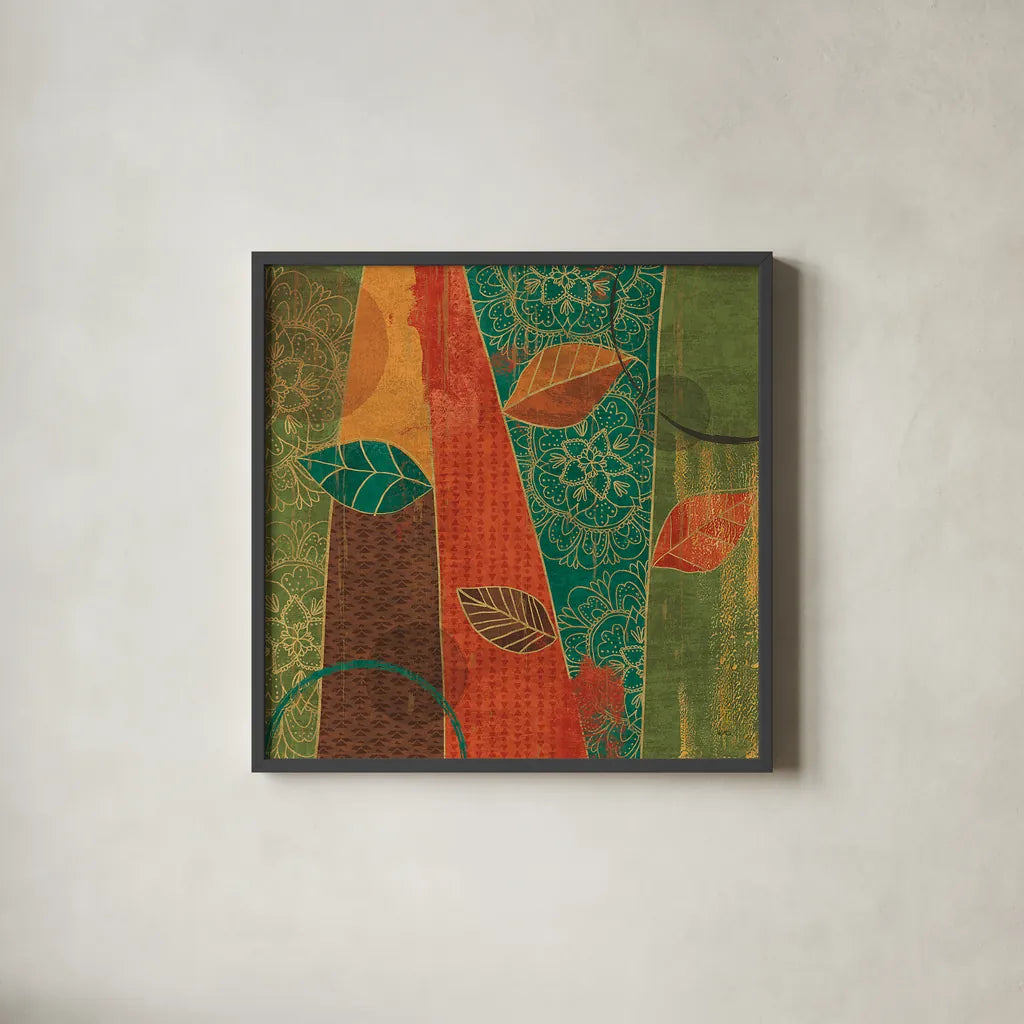 Bohemian Leaves II by Veronique Charron. Shown in a sleek black glass frame for a contemporary gallery look. Available as an archival giclee rolled canvas, fine art paper, or poster print. SKU 28892a.