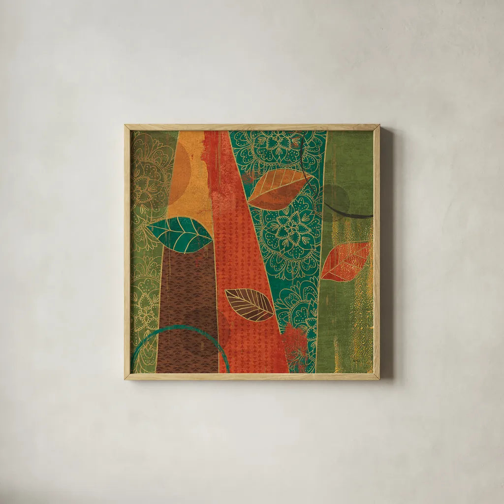 Bohemian Leaves II by Veronique Charron. Shown in a natural wood glass frame for a timeless modern aesthetic. Available as an archival giclee rolled canvas, fine art paper, or poster print. SKU 28892a.