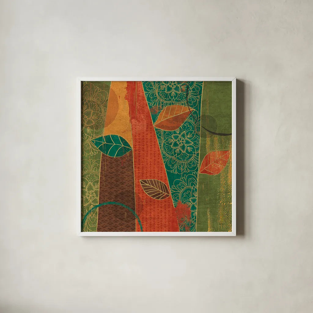 Bohemian Leaves II by Veronique Charron. Shown in a crisp white glass frame for a clean and minimalist style. Available as an archival giclee rolled canvas, fine art paper, or poster print. SKU 28892a.